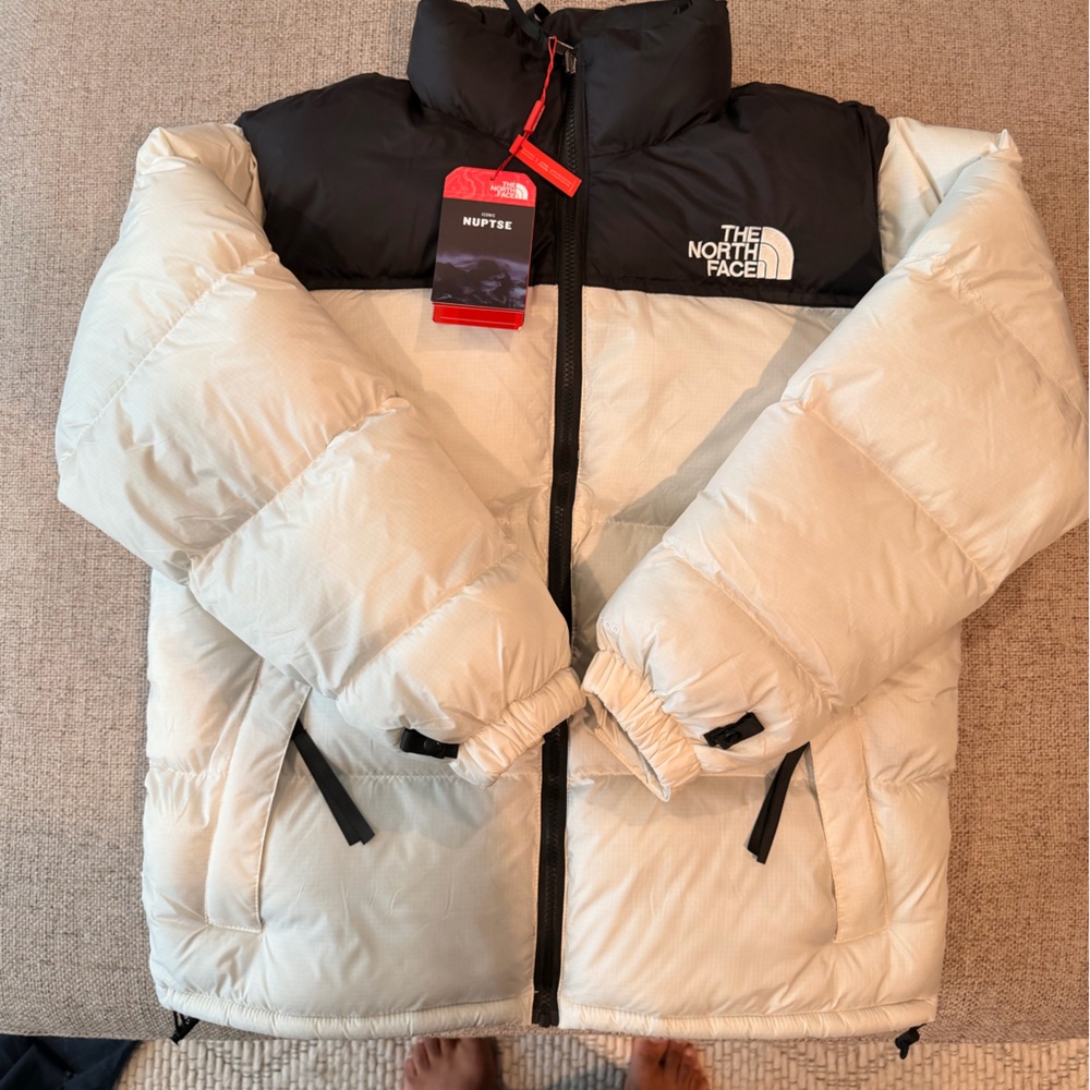 The North Face Black and Cream Nuptse Jacket